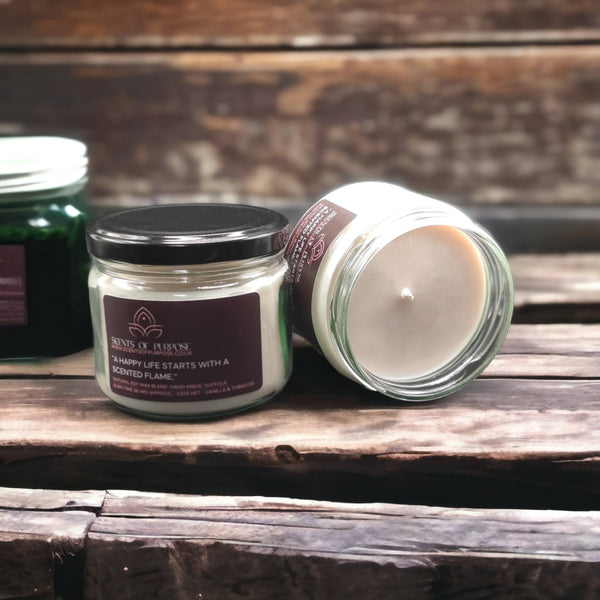 Luxury Vanilla & Tobacco Spice Wellbeing Scented Soywax Candle Gift  - Handcrafted from Suffolk, to Relax and De-Stress | Scents of Purpose